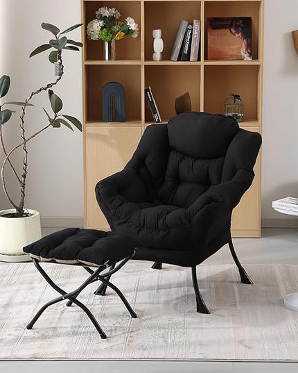 Welnow Lazy Chair with Ottoman, Modern Lounge Accent Chair with Armrests and a Side Pocket, Leisure Sofa Chair Set, Reading Chair with Footrest for Small Space, Corner Chair, Black - LeafyLoom