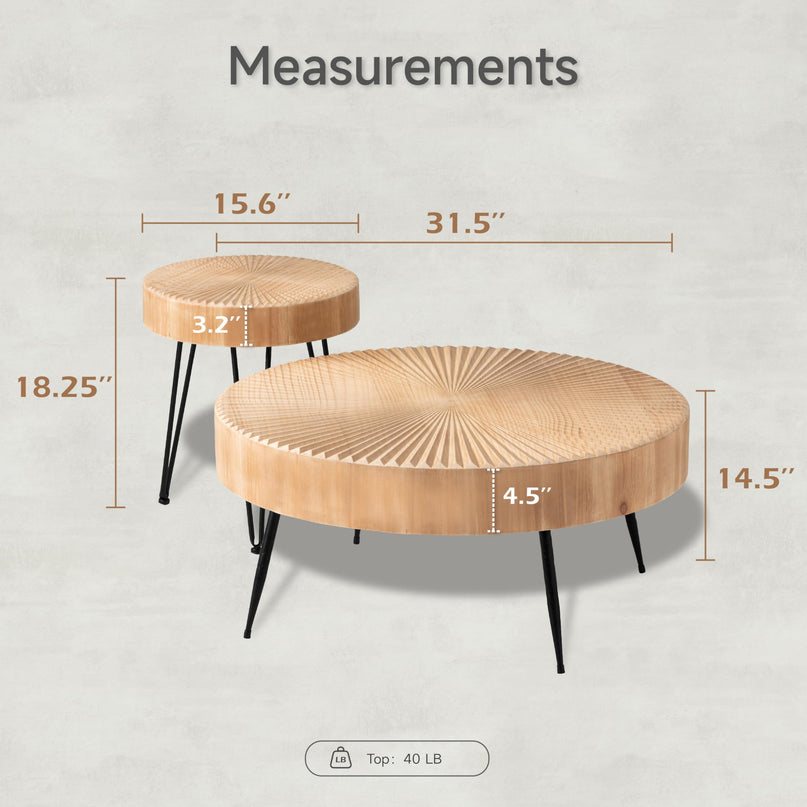 2-Piece Modern Farmhouse Living Room Coffee Table Set, Nesting Table Round Natural Finish with Handcrafted Wood Ring Motif, Wood Colour LeafyLoom