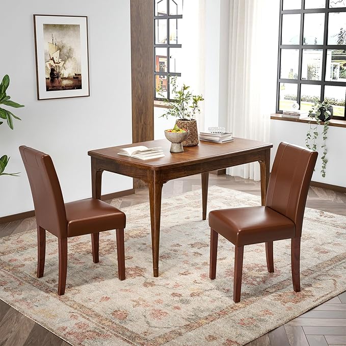 Soohow Upholstered Set of 2 with Solid Wood Legs Armless Indoor Dining Room, Kitchen Table Parson Chairs, Dark Brown Leather - LeafyLoom