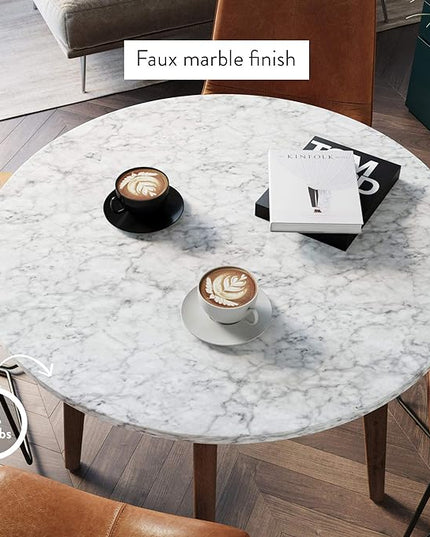 Nathan James Amalia Round Marble Bistro Dining Table with Legs in Wood Finish and Faux White Carrara Marble Table Top, Antique Coffee - LeafyLoom
