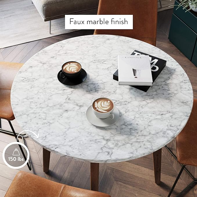 Nathan James Amalia Round Marble Bistro Dining Table with Legs in Wood Finish and Faux White Carrara Marble Table Top, Antique Coffee - LeafyLoom