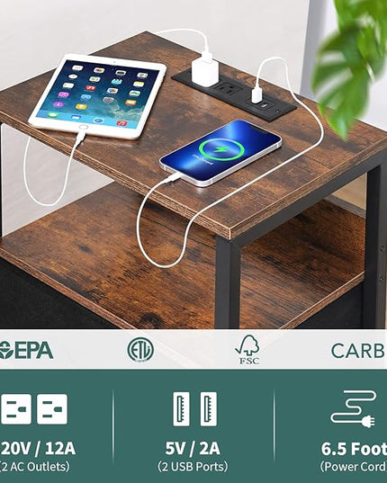 Yoobure Nightstand with Charging Station, Small Night Stand with Fabric Drawers and Storage Shelf for Bedrooms, Nightstands for Small Spaces, Bedside Table with USB Ports & Outlets, Bed Side Table - LeafyLoom