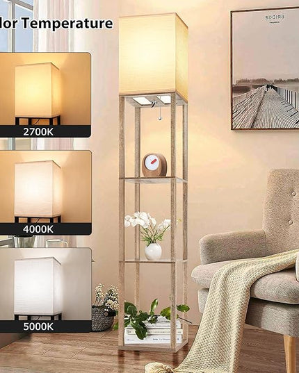 Floor Lamp with Shelves for Living Room Natural Wood, Shelf Floor Lamp with 3 CCT LED Bulb, Corner Display Standing Column Lamp Etagere Organizer Tower Nightstand with White Linen Shade for Bedroom - LeafyLoom