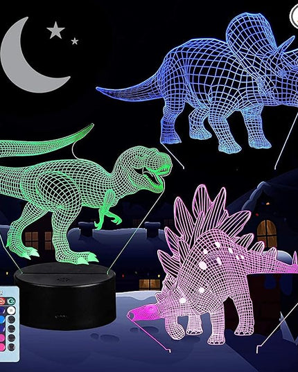VSATEN 3D Dinosaur Night Light for Kids, 3D Illusion Lamp 3-Pattern & 16 Colors Change Decor Lamp with Remote Control & Smart Touch, Dinosaur Toys for 2 3 4 5 6+ Years Old - LeafyLoom