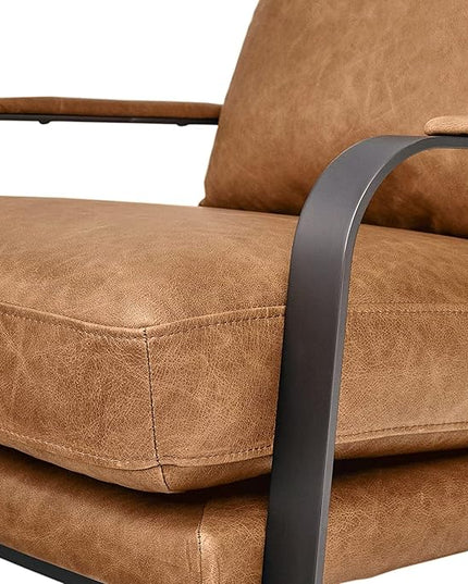 Amazon Brand – Rivet Summit Mid-Century Modern Leather Accent Chair with Steel Arms, Cognac Brown, 35"D x 27.2"W x 27.6"H - LeafyLoom