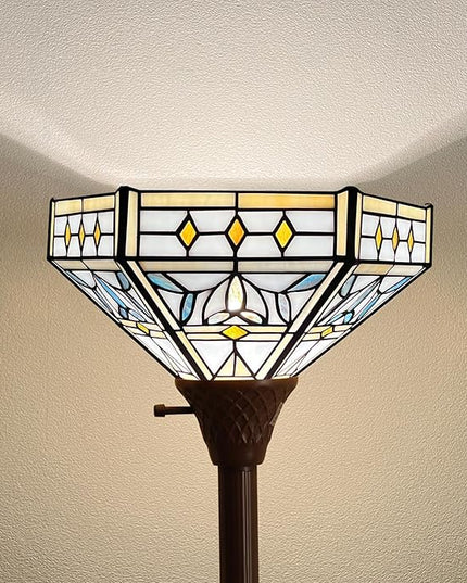 Capulina Tiffany Torchiere Floor Lamp 70 Inches Tall Industrial Dark Bronze Pole Mission Hexagon Virgin Style Stained Glass Torch Standing Light Decor for Living Room Bedroom Home Office - LeafyLoom