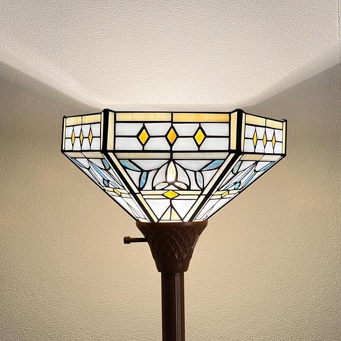 Capulina Tiffany Torchiere Floor Lamp 70 Inches Tall Industrial Dark Bronze Pole Mission Hexagon Virgin Style Stained Glass Torch Standing Light Decor for Living Room Bedroom Home Office - LeafyLoom