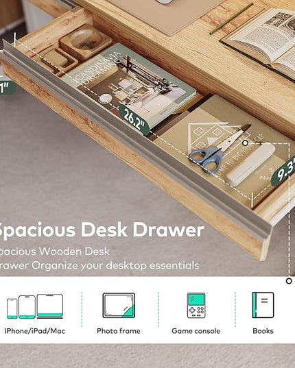 FEZIBO 55 x 27.5 Inches Electric Standing Desk with Open Shelf&LED Strip, Adjustable Height Sit Stand Up Desks with 3 Drawers, Ergonomic Workstation, Light Rustic（2 packages - LeafyLoom