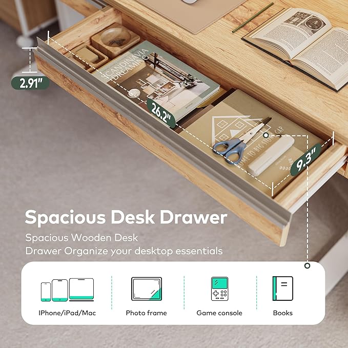 FEZIBO 55 x 27.5 Inches Electric Standing Desk with Open Shelf&LED Strip, Adjustable Height Sit Stand Up Desks with 3 Drawers, Ergonomic Workstation, Light Rustic（2 packages - LeafyLoom