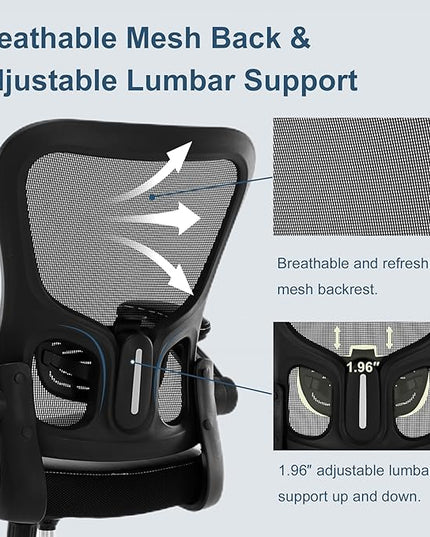 Office Chair, Ergonomic Desk Chair, PU Leather Padded Computer Chairs, Mesh Executive Chair with Lumbar Support Flip up Arms, Adjustable Height Home Task Swivel Rolling Chair,Black - LeafyLoom