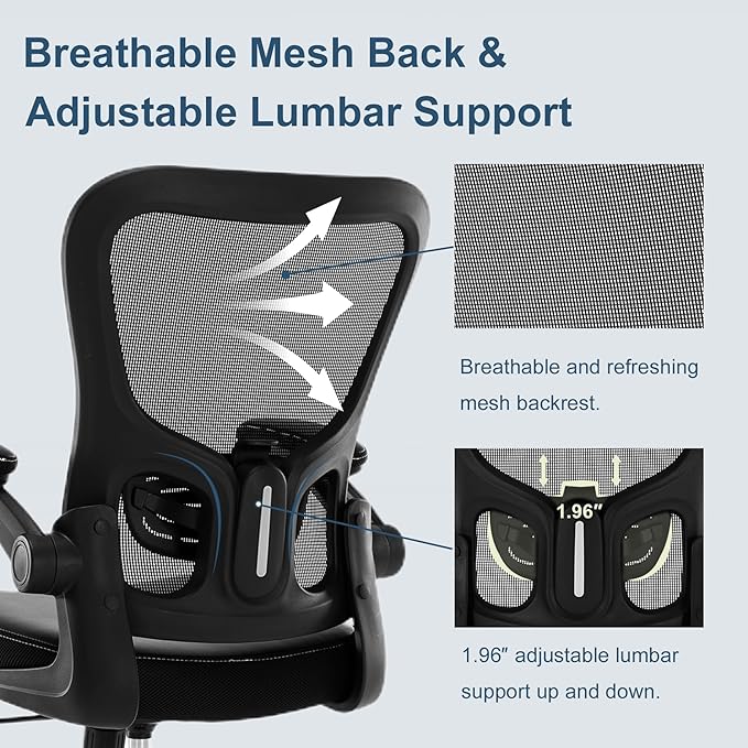 Office Chair, Ergonomic Desk Chair, PU Leather Padded Computer Chairs, Mesh Executive Chair with Lumbar Support Flip up Arms, Adjustable Height Home Task Swivel Rolling Chair,Black - LeafyLoom