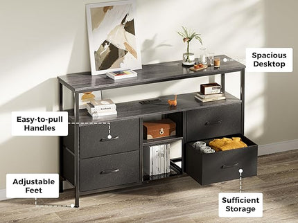 TV Stand Dresser with Power Outlets and LED Lights, 4 Drawers Entertainment Center with Open Shelf, Media Console for 50 43 Inch TV, Dresser with PU Finish, Grey and Black - LeafyLoom