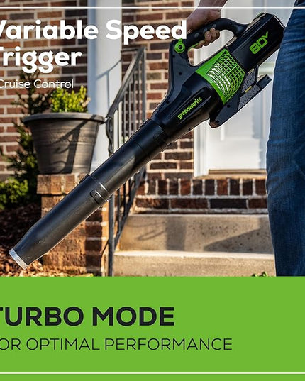 Greenworks 80V (145 MPH / 580 CFM / 75+ Compatible Tools) Cordless Brushless Axial Leaf Blower, 2.5Ah Battery and Charger Included - LeafyLoom