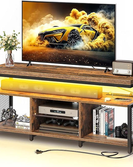 YITAHOME TV Stands for Living Room, Entertainment Center w/Power Outlets, Television Stands w/Open Storage, Small LED TV Stand for 50inch TV, Retro Brown - LeafyLoom