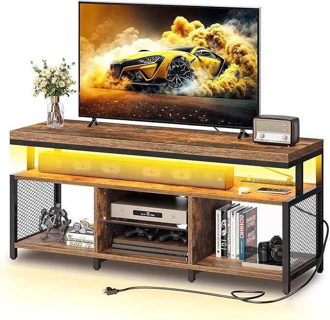 YITAHOME TV Stands for Living Room, Entertainment Center w/Power Outlets, Television Stands w/Open Storage, Small LED TV Stand for 50inch TV, Retro Brown - LeafyLoom
