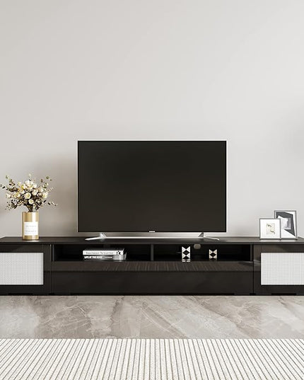 83 Inch TV Stand, Rattan Style Entertainment Center with Push to Open Doors and Ample Storage Space, Modern TV Stand for Home Theatre, Living Room, Black - LeafyLoom