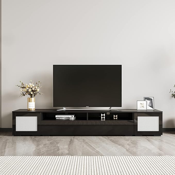 83 Inch TV Stand, Rattan Style Entertainment Center with Push to Open Doors and Ample Storage Space, Modern TV Stand for Home Theatre, Living Room, Black - LeafyLoom