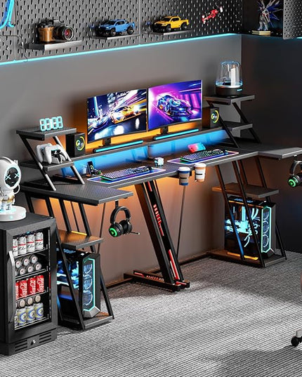 L Shaped Gaming Desk with LED Lights & Power Outlet, 39 Inch Computer Desk with Extra Storage Shelves, Reversible Gamer Workstations with Monitor Stand for Bedroom, Carbon Fiber Black - LeafyLoom