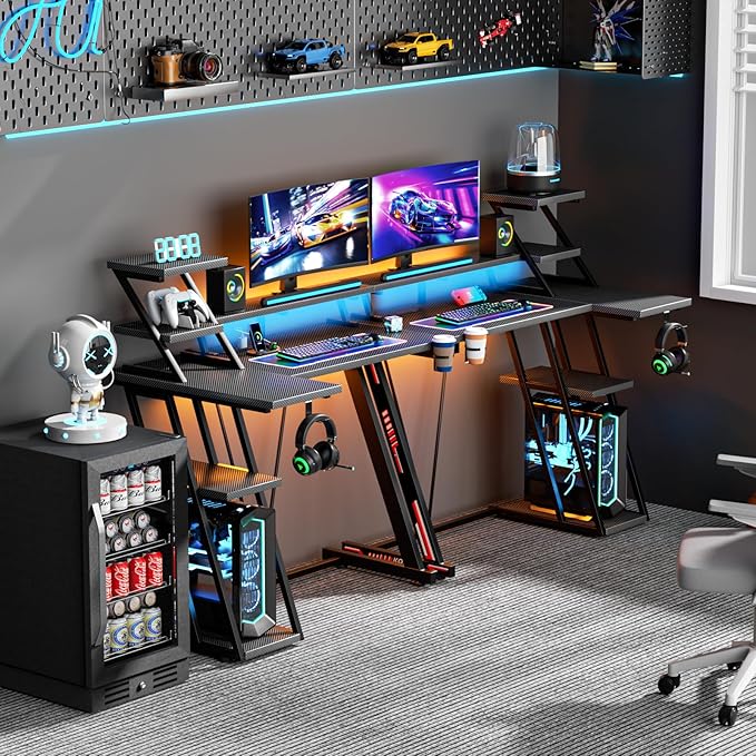 L Shaped Gaming Desk with LED Lights & Power Outlet, 39 Inch Computer Desk with Extra Storage Shelves, Reversible Gamer Workstations with Monitor Stand for Bedroom, Carbon Fiber Black - LeafyLoom