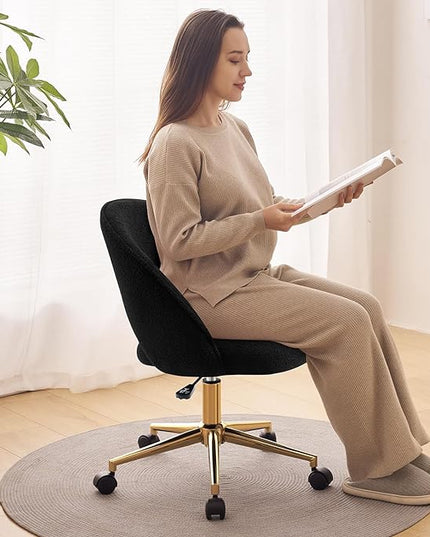 Furniliving Velvet Home Office Chair, Height Adjustable Swivel Vanity Chair with Wheels, Upholstered Desk Task Makeup Chair Computer Chair with Gold Metal Base Stool Chairs (Black) - LeafyLoom