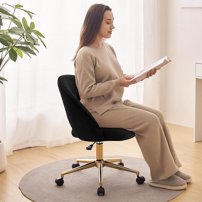 Furniliving Velvet Home Office Chair, Height Adjustable Swivel Vanity Chair with Wheels, Upholstered Desk Task Makeup Chair Computer Chair with Gold Metal Base Stool Chairs (Black) - LeafyLoom