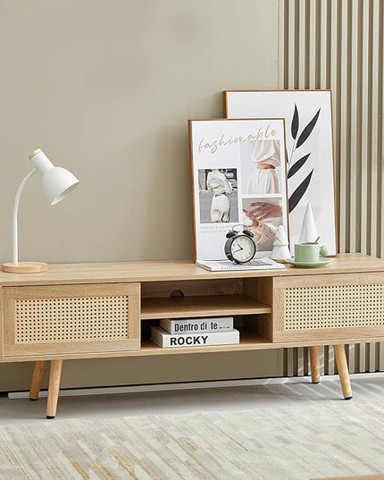 Brafab Boho TV Storage Media Console Table with Double Sliding Doors and Adjustable Shelf for Living Room, 55.12" L x 15.75" W x 18.31" H, Natural - LeafyLoom
