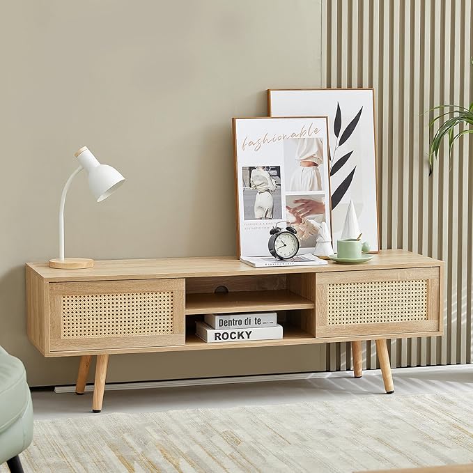 Brafab Boho TV Storage Media Console Table with Double Sliding Doors and Adjustable Shelf for Living Room, 55.12" L x 15.75" W x 18.31" H, Natural - LeafyLoom