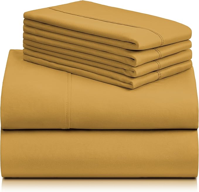 LuxClub 6 PC California King Sheet Set, Breathable Luxury Bed Sheets, Deep Pockets 18" Wrinkle Free Cooling Sheets Machine Washable Hotel Bedding Silky Soft - Medallion Gold Cal King - LeafyLoom