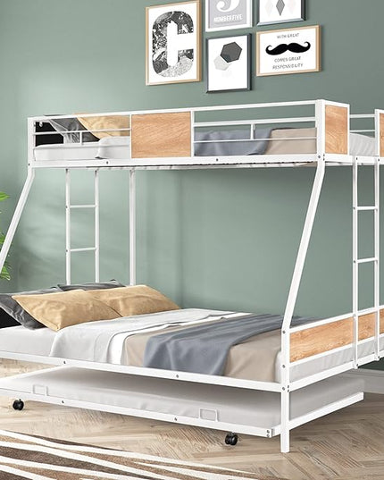 Twin over Full Bunk Bed with Trundle,Heavy-duty Sturdy Metal,Noise Reduced,Safety Guardrail,Wooden Decoration,Convenient-Trundle,Bunk-Bed for Three,CPC Certified,No Box Spring Needed,White - LeafyLoom