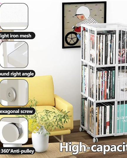 Rotating Bookcase White 3 Tiers Metal Large Capacity Bookshelf, 360°Cubic for Small Space with Storage and Creative Multi-Layer Shelves,Magazine Books for Bedroom Living Room Study Office - LeafyLoom