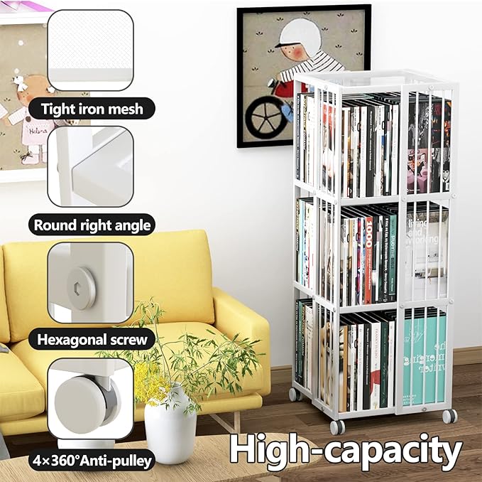 Rotating Bookcase White 3 Tiers Metal Large Capacity Bookshelf, 360°Cubic for Small Space with Storage and Creative Multi-Layer Shelves,Magazine Books for Bedroom Living Room Study Office - LeafyLoom