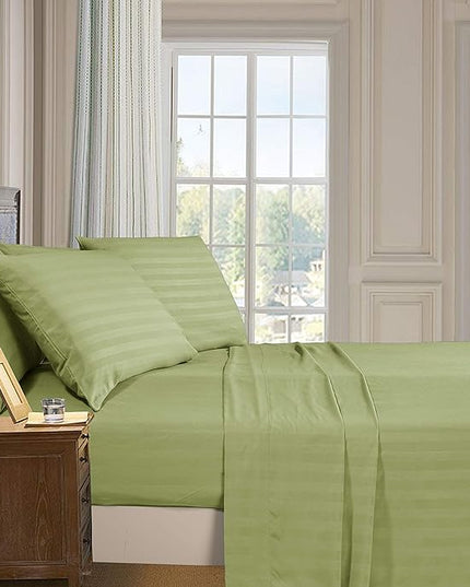 Elegant Comfort Best, Softest, Coziest 6-Piece Sheet Sets! - 1500 Premier Hotel Quality Luxurious Wrinkle Resistant 6-Piece DAMASK STRIPE Bed Sheet Set, Queen Sage/Green - LeafyLoom