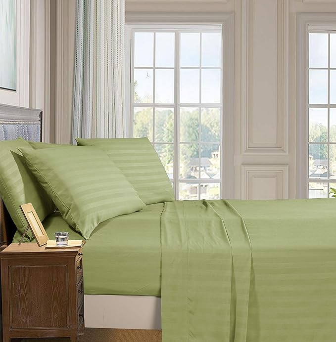 Elegant Comfort Best, Softest, Coziest 6-Piece Sheet Sets! - 1500 Premier Hotel Quality Luxurious Wrinkle Resistant 6-Piece DAMASK STRIPE Bed Sheet Set, Queen Sage/Green - LeafyLoom
