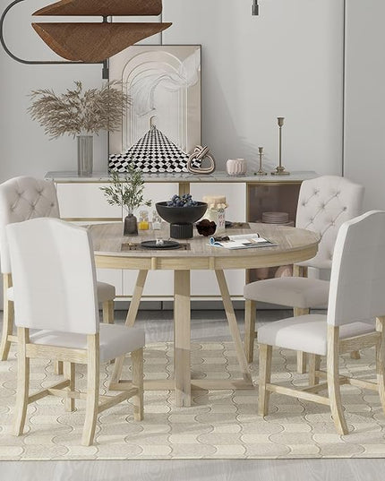 NicBex Small Dining Table Set for 4 Breakfast Nook Table Set 5-Piece Retro Functional Dining Set, Round Table with a 16" W Leaf and 4 Upholstered Chairs for Dining Room, Natural - LeafyLoom
