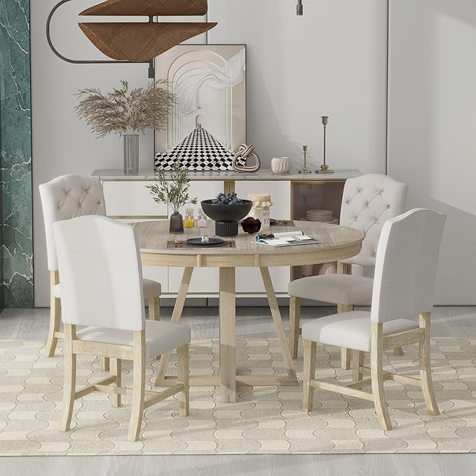 NicBex Small Dining Table Set for 4 Breakfast Nook Table Set 5-Piece Retro Functional Dining Set, Round Table with a 16" W Leaf and 4 Upholstered Chairs for Dining Room, Natural - LeafyLoom