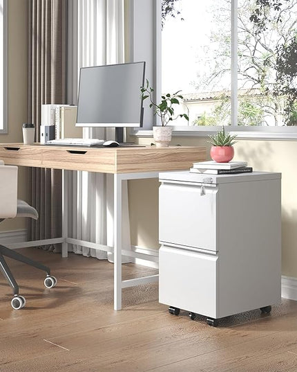 2 Drawer Mobile File Cabinet with Lock,Under Desk Metal Filing Cabinet for Home Office, Metal Small Rolling File Cabinet with 2 Keys for Legal/Letter/A4 Size Fully Assembled Except Wheels (White) - LeafyLoom