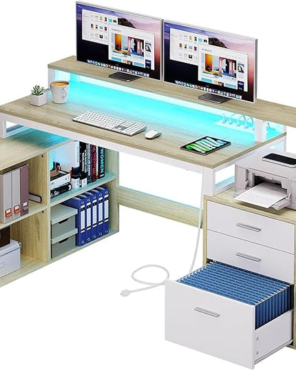 DWVO L Shaped Desk with Power Outlets & LED Lights, 65" Computer Desk with Drawers, Corner Desk Office Desk with File Cabinet & Printer Stand, ﻿White & Oak - LeafyLoom