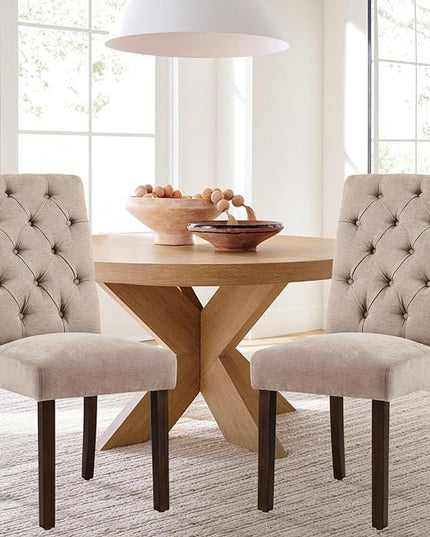 COLAMY Button Tufted Dining Chairs Set of 4, Parsons Upholstered Fabric Dining Room Chairs Kitchen Chairs with Wood Legs and Padded Seat, Taupe - LeafyLoom