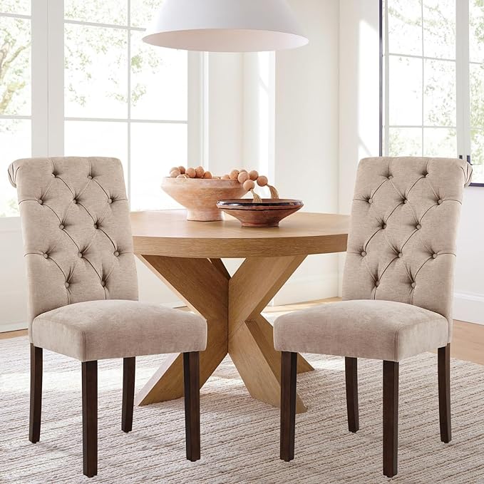 COLAMY Button Tufted Dining Chairs Set of 4, Parsons Upholstered Fabric Dining Room Chairs Kitchen Chairs with Wood Legs and Padded Seat, Taupe - LeafyLoom