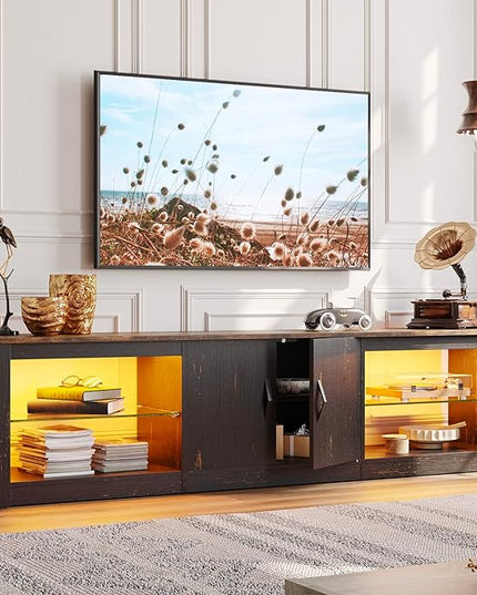 Bestier 70 Inch Led TV Stand for 75 Inch TV Large Entertainment Center Gaming with Adjustable Glass Shelves Two Cabinets Modern TV Console for Living Room 22 RGB Modes, Golden Black - LeafyLoom