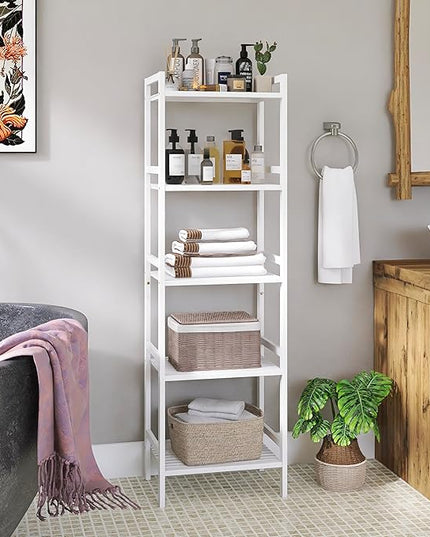 5 Tier Bamboo Shelf, Tall Narrow Bookcase, Freestanding Bathroom Storage Unit with Adjustable Shelves, Modern Display Standing Bookshelf for Living Room, Bedroom, Home Office, White - LeafyLoom
