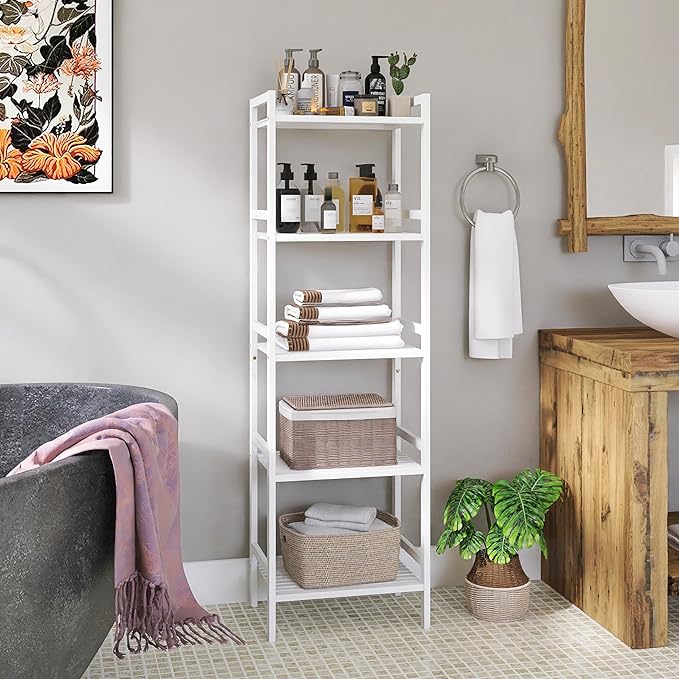 5 Tier Bamboo Shelf, Tall Narrow Bookcase, Freestanding Bathroom Storage Unit with Adjustable Shelves, Modern Display Standing Bookshelf for Living Room, Bedroom, Home Office, White - LeafyLoom