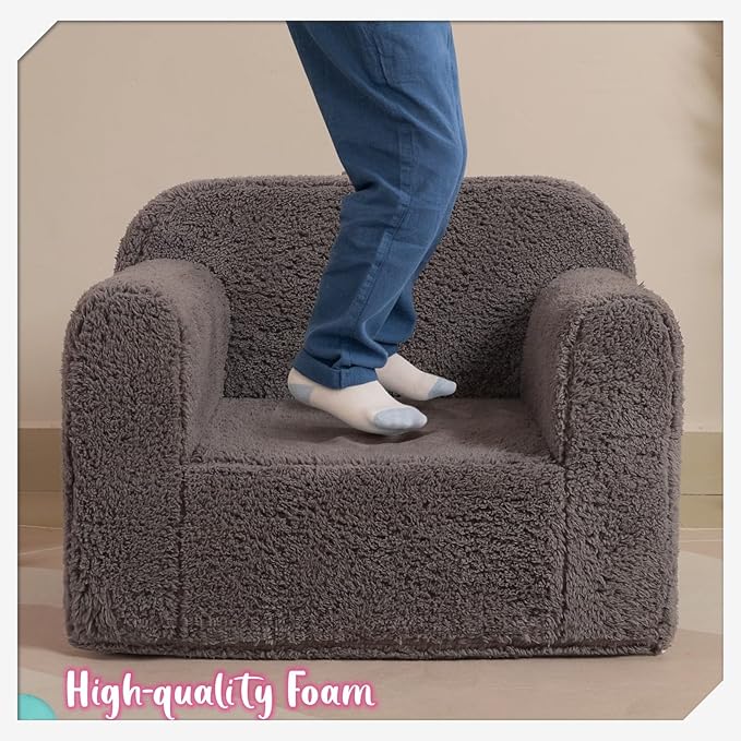 Kids Snuggly-Soft Sherpa Chair, Cuddly Toddler Foam Chair for Boys and Girls, Grey - LeafyLoom