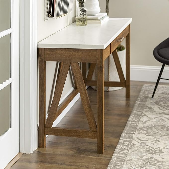 Walker Edison Rustic Farmhouse Wood Computer Writing Desk Home Office Workstation Small, 46 Inch, Marble and Walnut - LeafyLoom