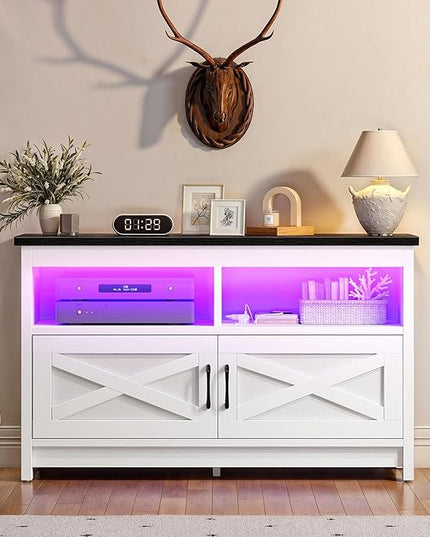 YITAHOME Entertainment Center with Power Outlets, RGB LED TV Stand for up to 40 Inch TVs, Farmhouse Media Console TV Cabinet for Living Room, X-Shape Design (35 Inches, Black/White) - LeafyLoom