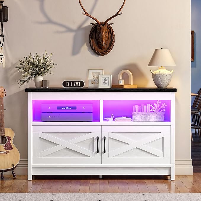 YITAHOME Entertainment Center with Power Outlets, RGB LED TV Stand for up to 40 Inch TVs, Farmhouse Media Console TV Cabinet for Living Room, X-Shape Design (35 Inches, Black/White) - LeafyLoom