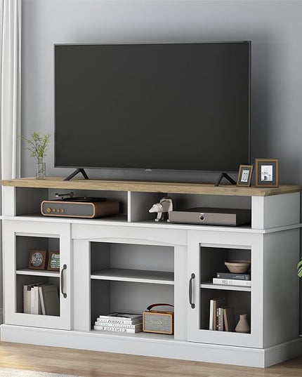 58 Inch TV Stand, Television Stands with 2 Tempered Glass Doors, Storage Cabinet and Shelves, Entertainment Center for Living Room, White+Wood - LeafyLoom