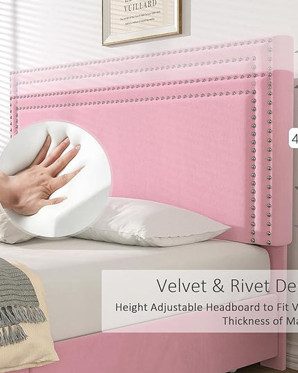 VECELO Queen Size Upholstered Platform Bed Frame with 4 Storage Drawers, Adjustable Velvet Rivets Headboard, Wooden Slats Support, No Box Spring Needed, Easy Assembly - LeafyLoom