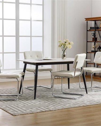 Forevich Mid Century Modern Dining Chairs Set of 4, Leather Kitchen Dining Room Side Chairs Upholstered Armless Accent Chairs with Metal Chrome Legs for Living Room, Bedroom White - LeafyLoom