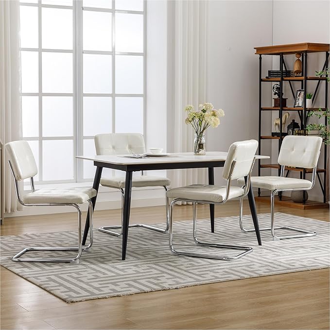 Forevich Mid Century Modern Dining Chairs Set of 4, Leather Kitchen Dining Room Side Chairs Upholstered Armless Accent Chairs with Metal Chrome Legs for Living Room, Bedroom White - LeafyLoom